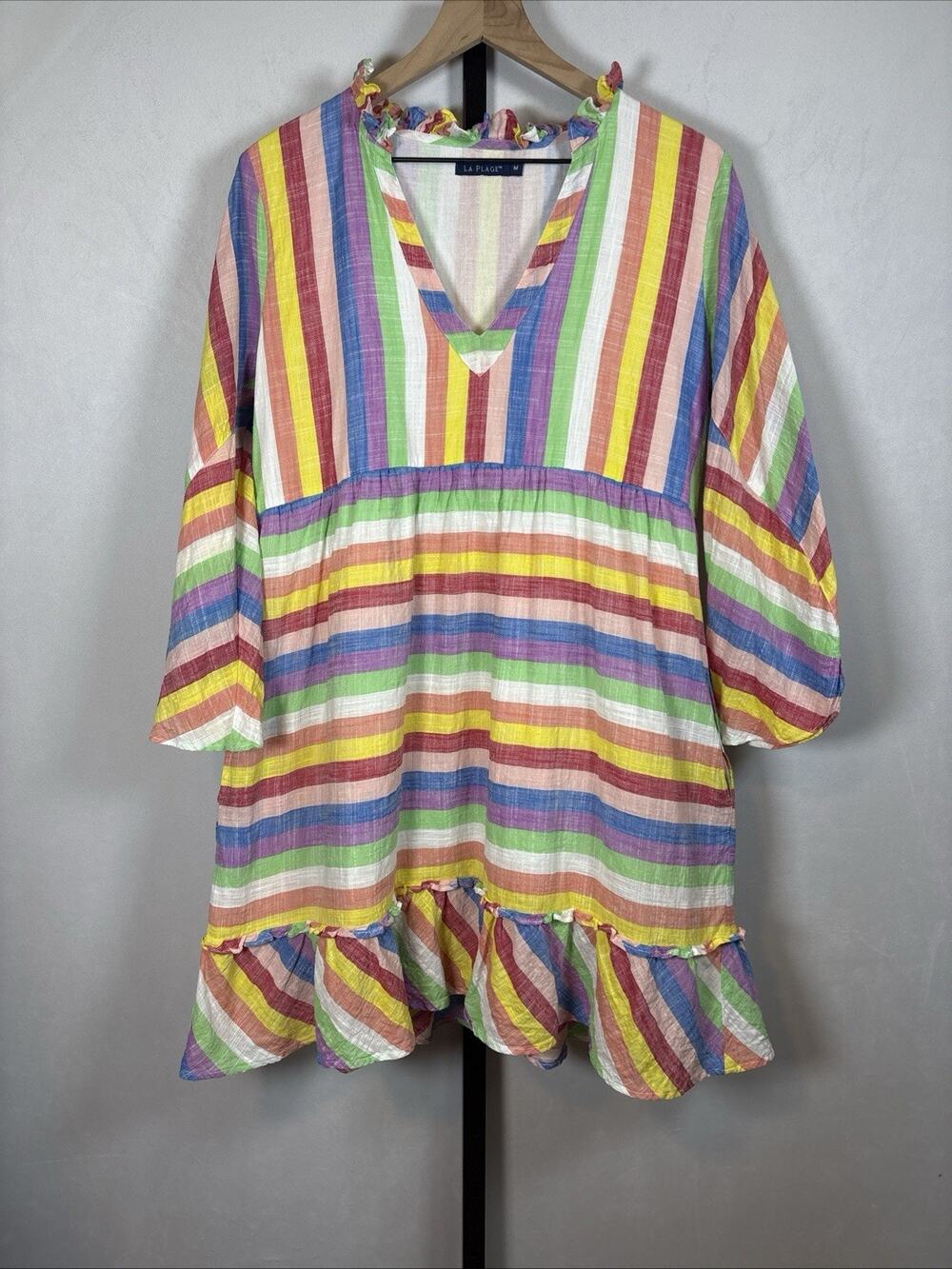 La Plage Rainbow Tunic Dress Women's Medium Colorful Pockets Cotton Ruffle Artsy
